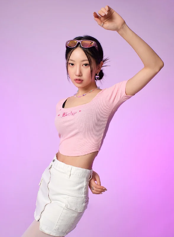 Weekend Wonders Await! Y2K Square Neck Baby Crop Top IJ430