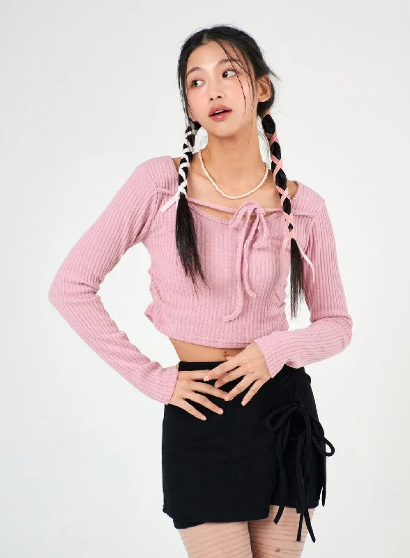 Weekend Discounts to Celebrate Round Neck Drawstring Ribboned Crop Long Sleeve IJ402