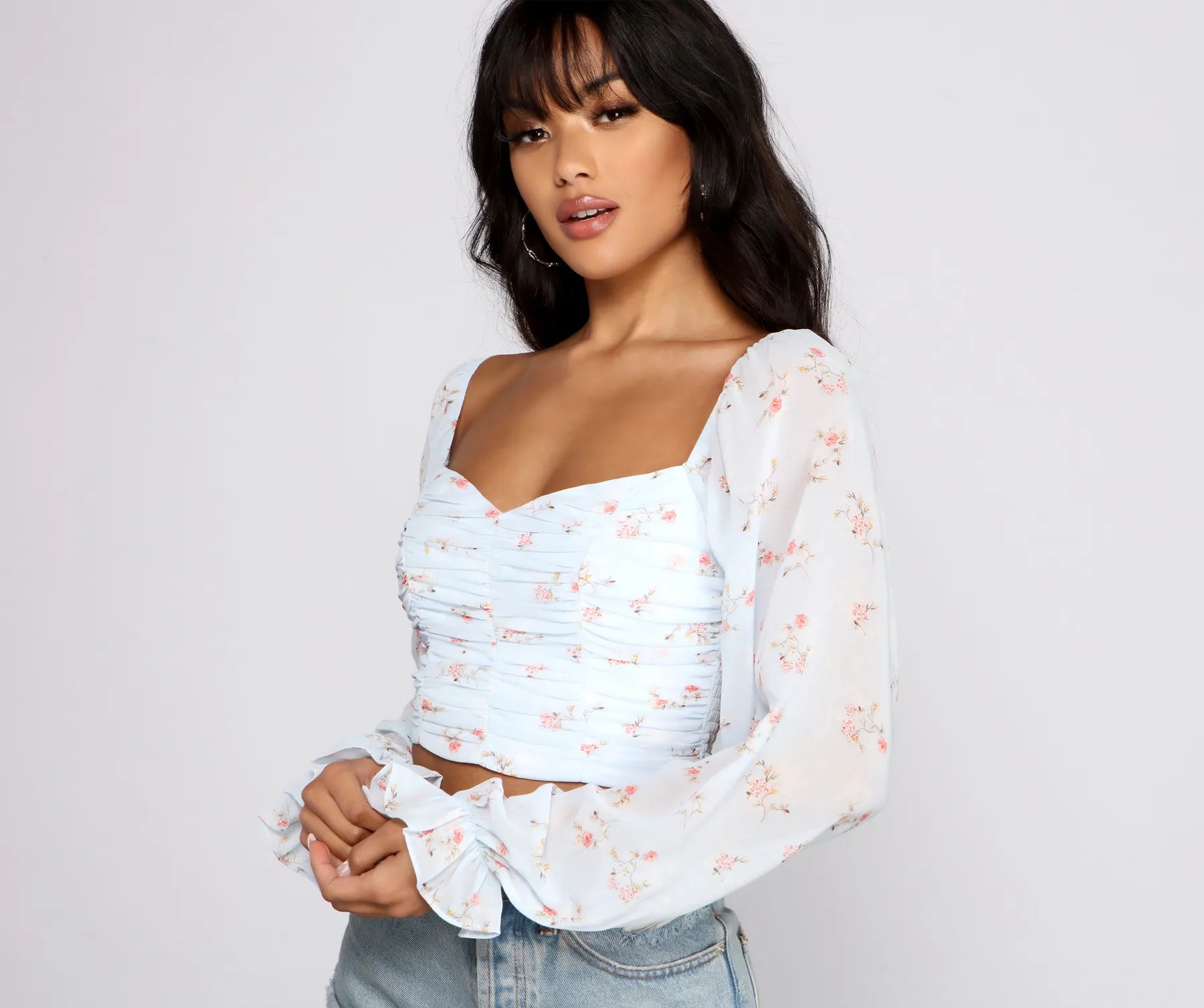 New Deal Floral Blossoms Chiffon Ruched Crop Top