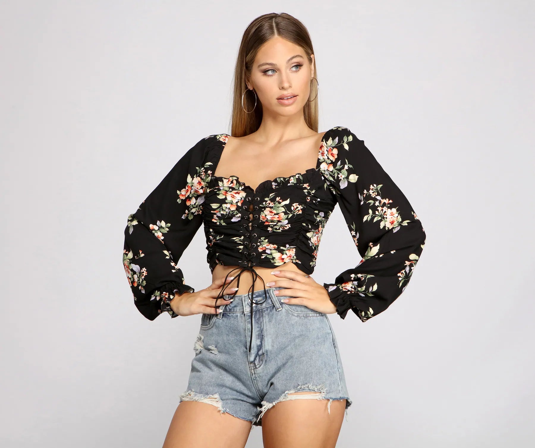 Weekend Steals Await Floral Hour Lace-Up Crop Top