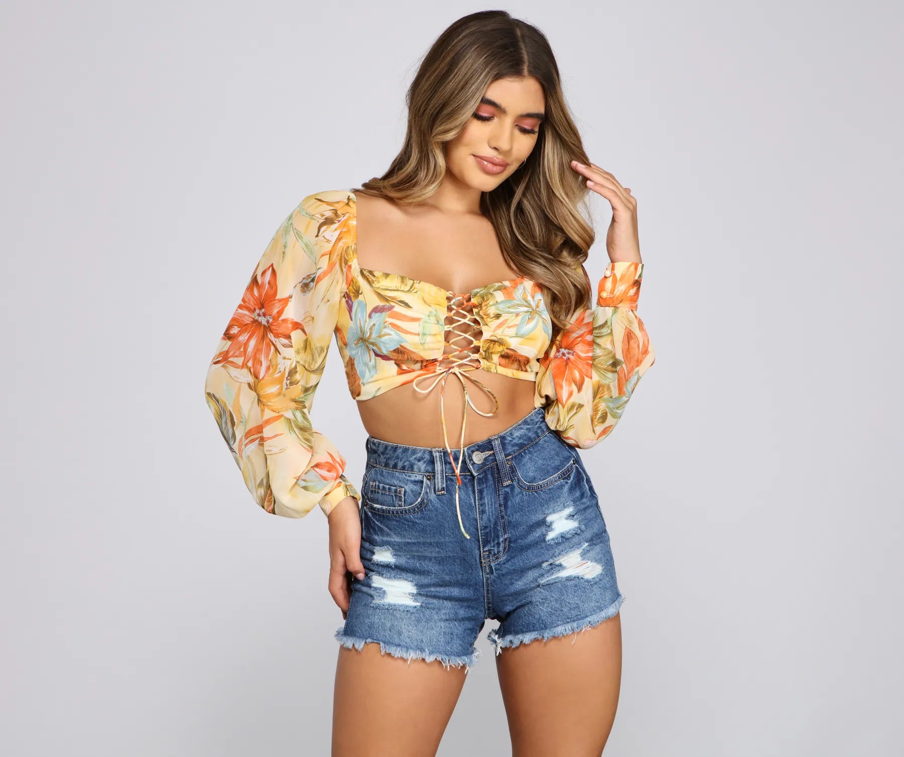 Savings Soar This Weekend Tropical Vibes Lace-Up Crop Top