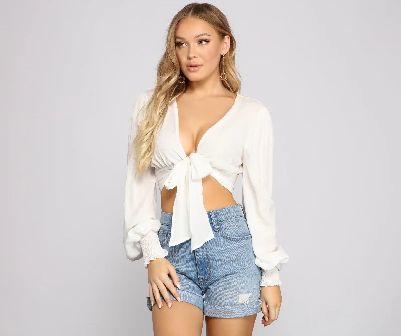 Super Sale Twist Of Fab Gauze Tie Front Crop Top
