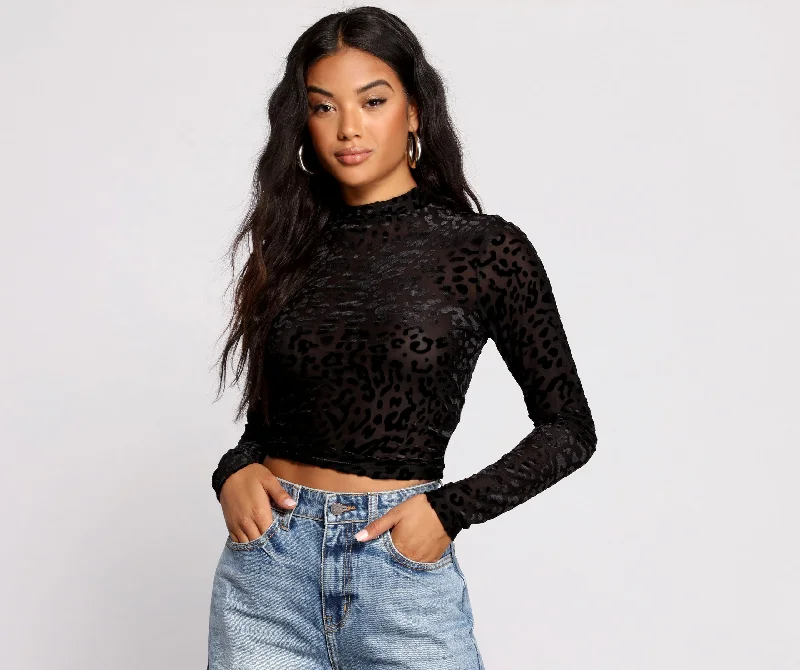 Special Discount Sassy Stunner Flocked Leopard Print Crop Top