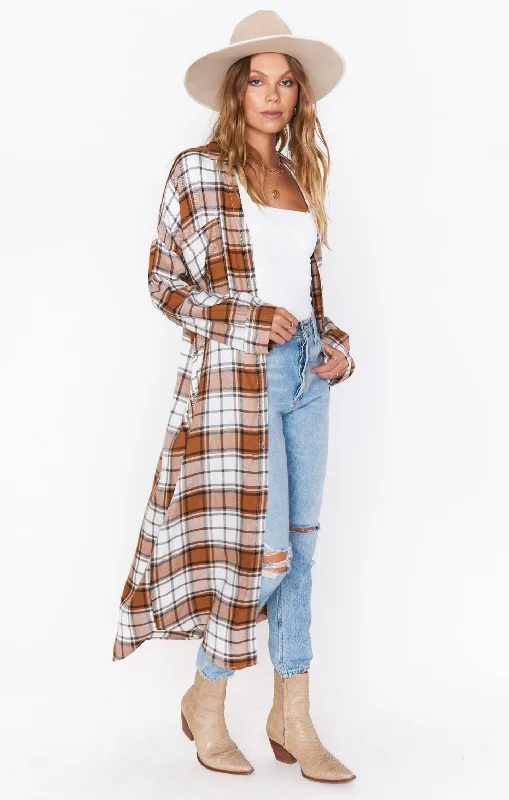 Weekend Discounts to Savor Leo Button Down Tunic ~ Tan Plaid