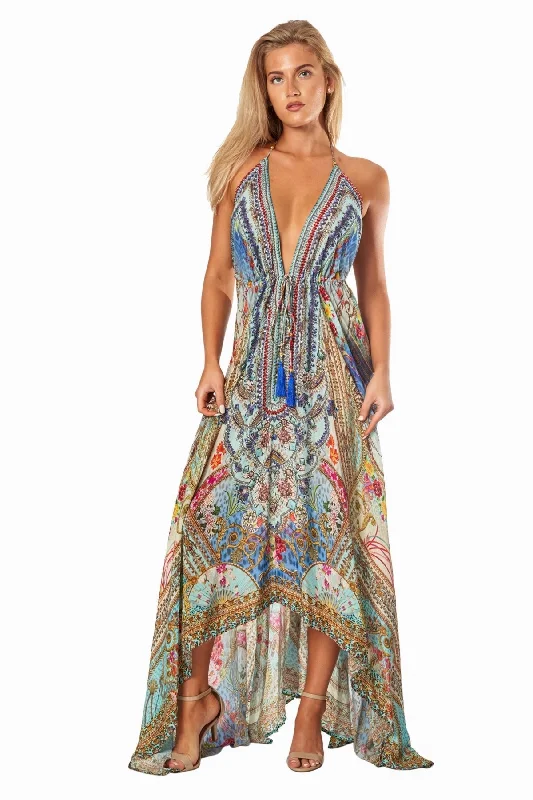 Weekend Offers That Thrill Queens Garden High-Low Halter Handkerchief Long Dress for Beach Party