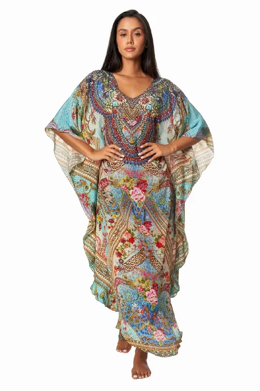 Weekend Discounts to Delight Queens Garden Lightweight Caftan Dress/Cover Up with V-Neck Jewels