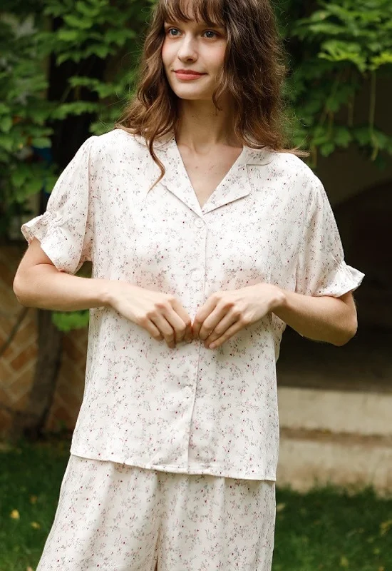 Time-Sensitive Vintage Summer Floral Shorts Pajama Sets, Soft Viscose Casual Sleepwear