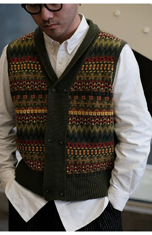 Midnight Madness Fair Isle Pattern Australian Wool Jacquard Vest Sweater Cardigan