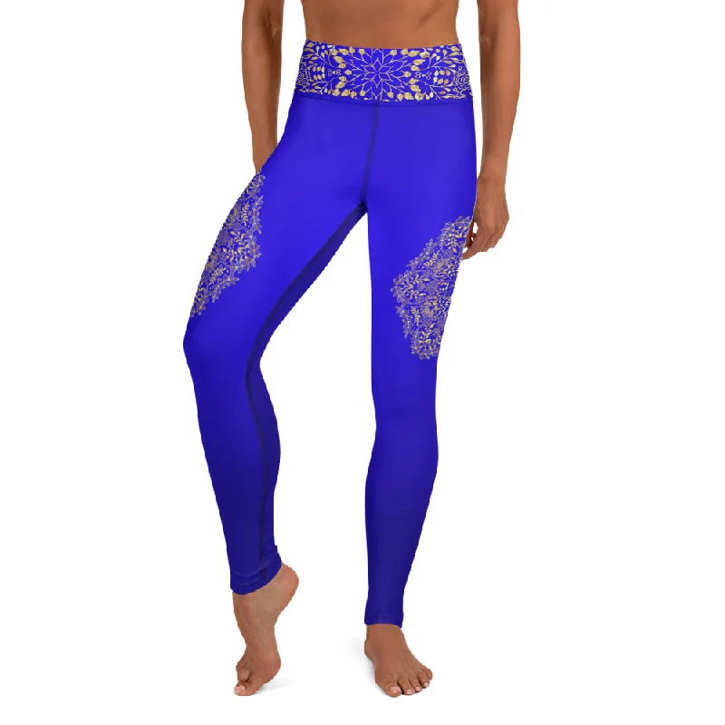 Savings Soar This Weekend Blue & Gold Mandala High Waist Womens Yoga Leggings