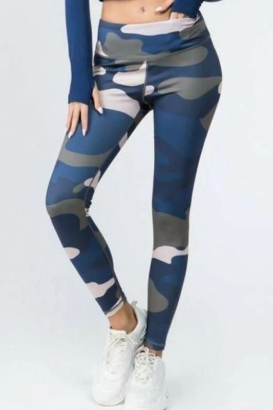 Weekend Offers That Delight Blue Camouflage Print Leggings with Hidden Pocket