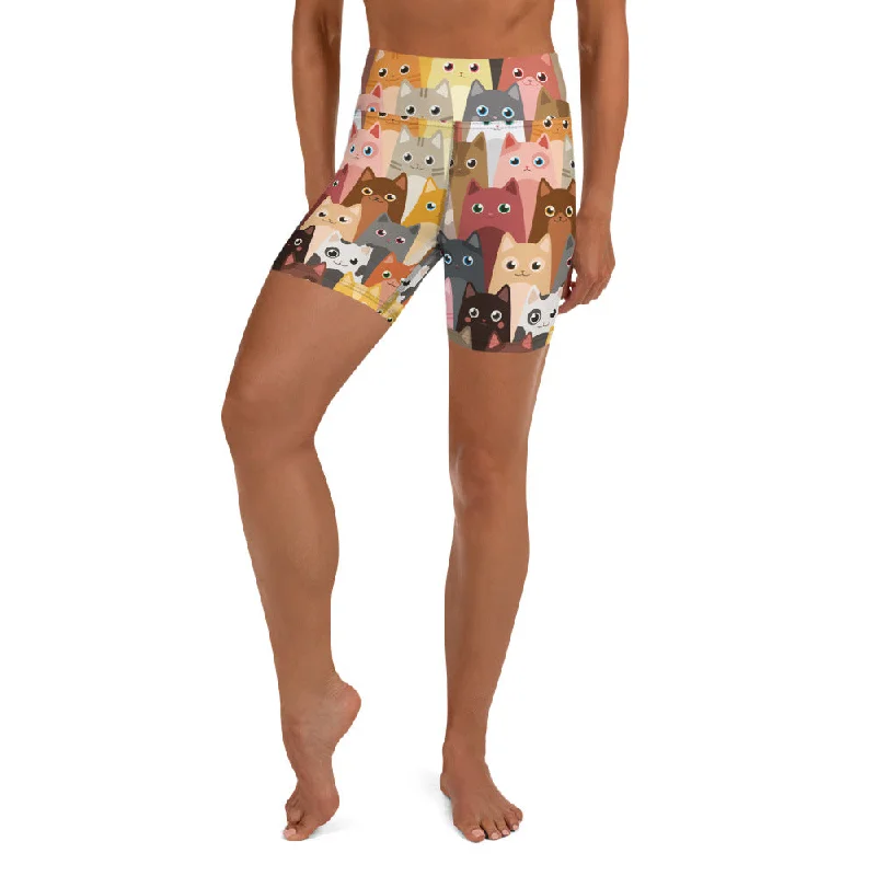Time-Sensitive Cartoon Cats Yoga Shorts
