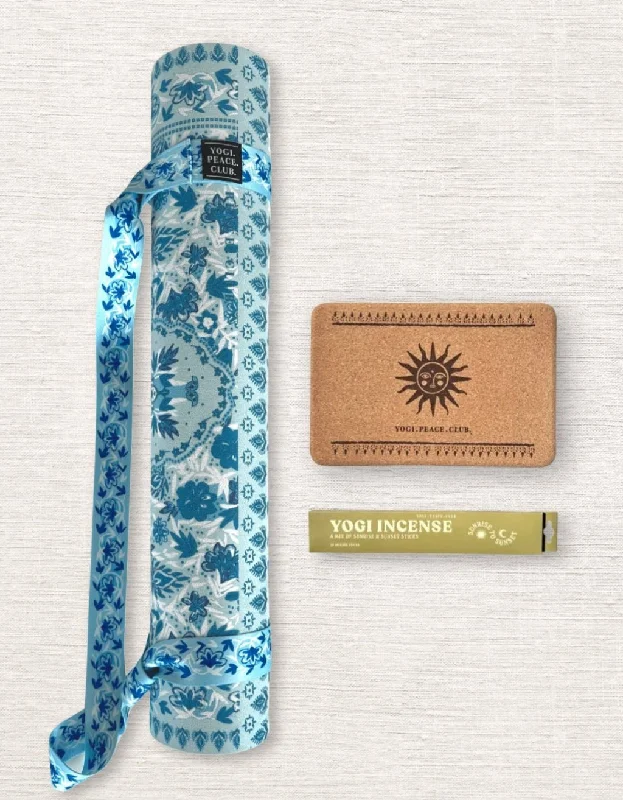 Top Pick 4 mm Yoga Pack - Aqua Garden Yoga Mat + Block + Strap + Incense