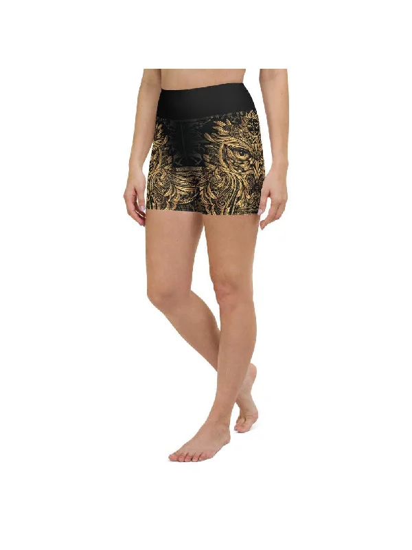Weekend Savings Bonanza Golden Ornamental Owl Yoga Shorts