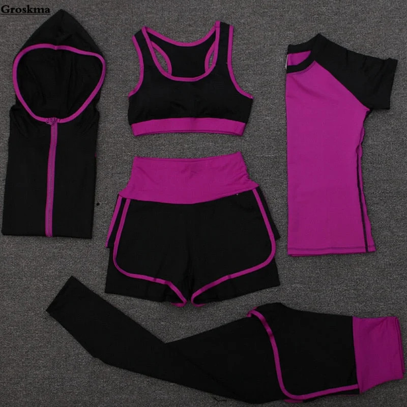 Best Choice High waist pants+shorts+bra+t shirt+coats women sportswear 5PCS set outdoor running quick dry yoga clothing fitness gym sets Best Choice High waist pants+shorts+bra+t shirt+coats women sportswear 5PCS set outdoor running quick dry yoga clothing fitness gym sets
