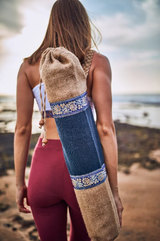 Weekend Deals to Make You Smile Jute Eco Yoga Bag with Golden Flower Ribbon