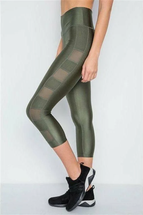 Amazing Value Olive Phone Pocket Capri Mesh Detail Yoga Leggings