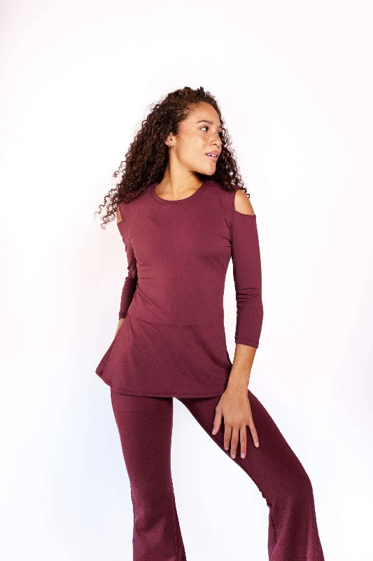 Weekend Savings Bonanza Open Shoulder Top in Maroon by Yoga Democracy