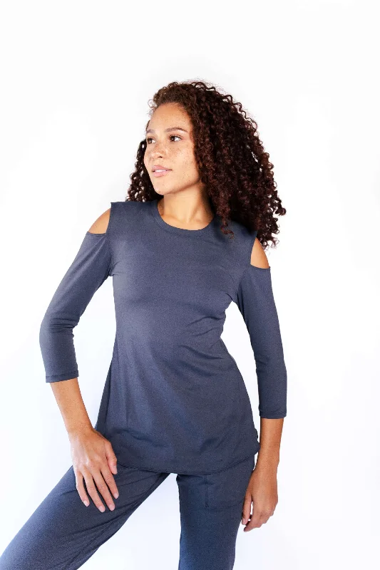 Weekend Specials Just for You Open Shoulder Top in Navy Blue by Yoga Democracy