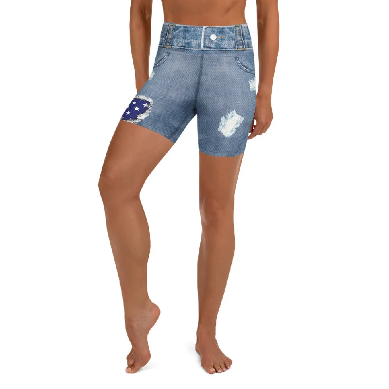 Great Bargain Patriotic Denim Print Yoga Shorts