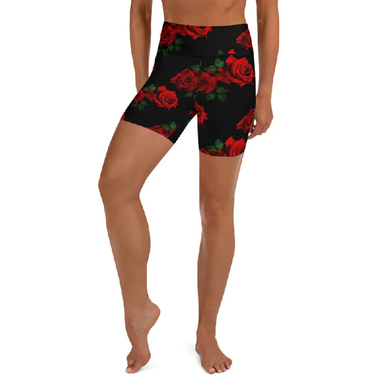 Lowest Price Red Roses Yoga Shorts