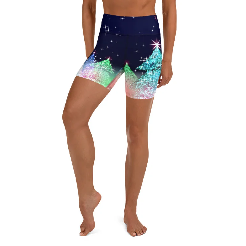 Hurry Up Shimmery Christmas Tree Print Yoga Shorts
