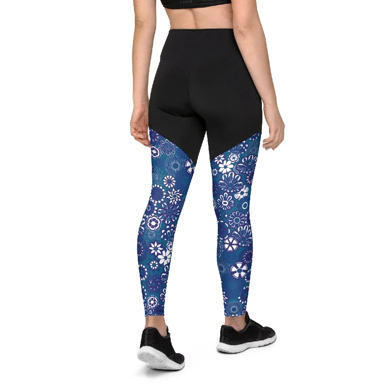 Weekend Savings Extravaganza Navy Flowers on Blue Lycra Sports Leggings for women