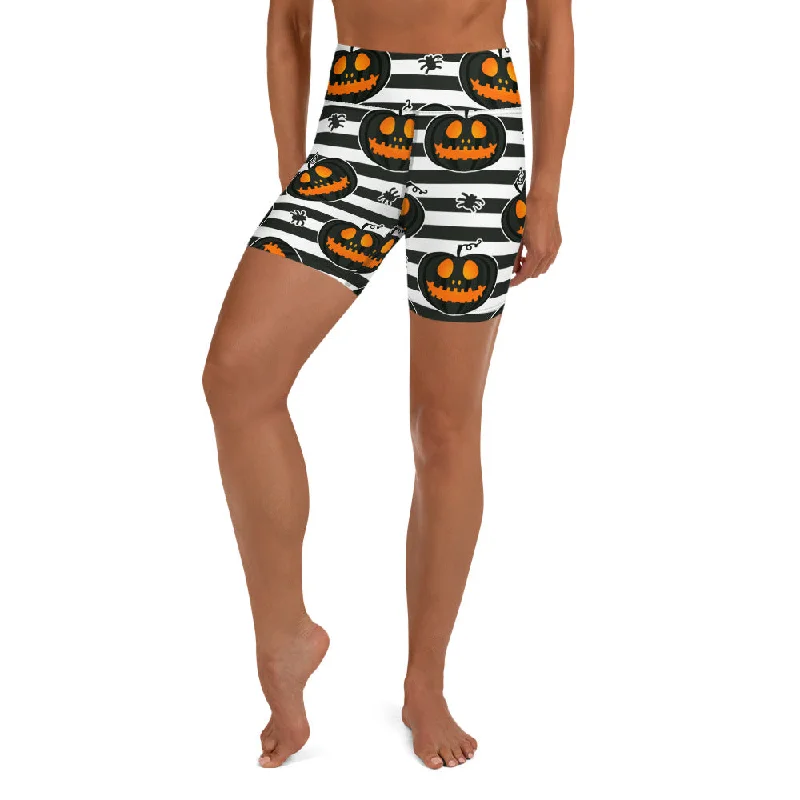 Markdown Sale Striped Jack O'lanterns Yoga Shorts