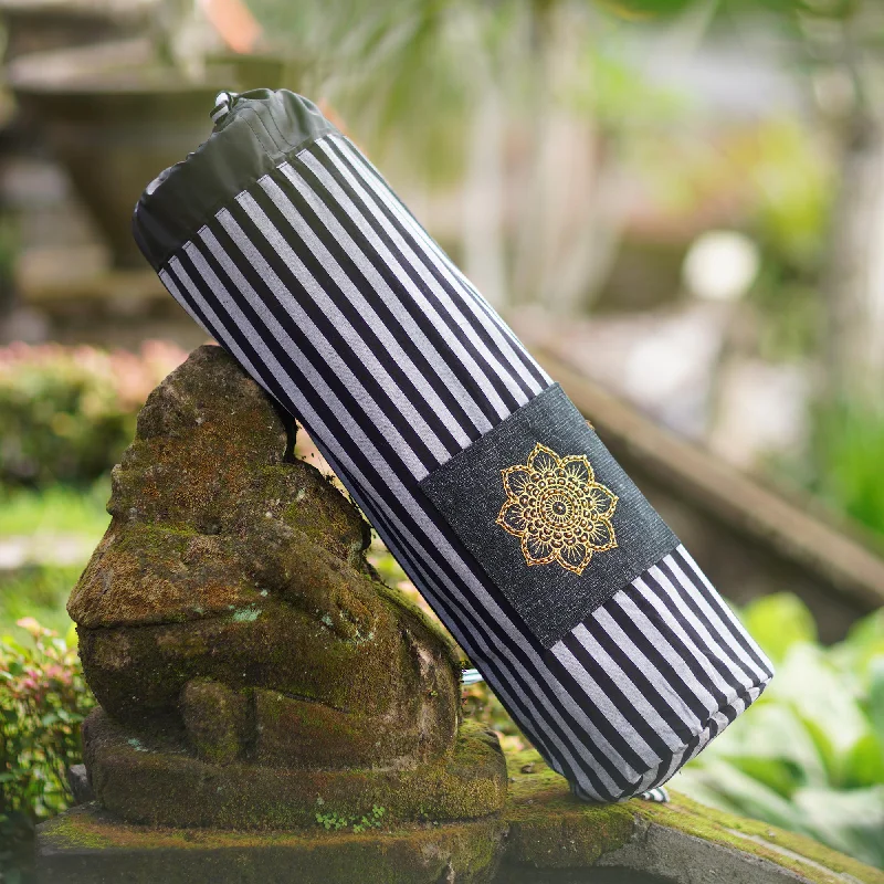 Weekend Discounts to Savor Striped Mandala in Black Ikat Cotton Yoga Mat Bag with Stripe Motif Weekend Discounts to Savor Striped Mandala in Black Ikat Cotton Yoga Mat Bag with Stripe Motif