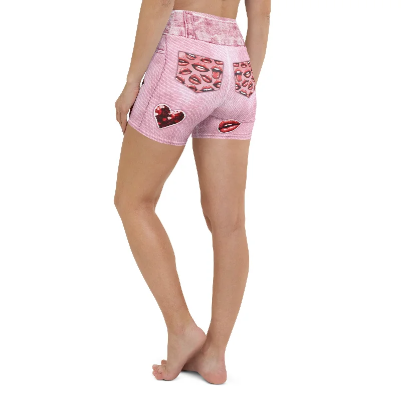 Low Price Valentine Lips Denim Print Yoga Shorts