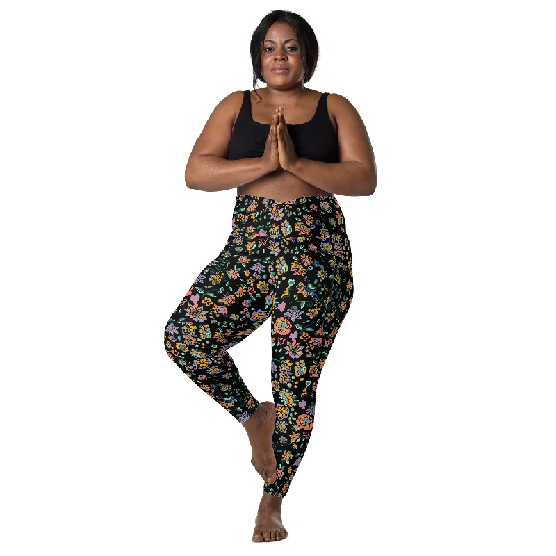Top Pick Vibrant floral on bblack Crossover leggings with pockets