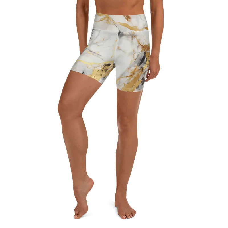 The Best Deal White & Gold Marble Yoga Shorts