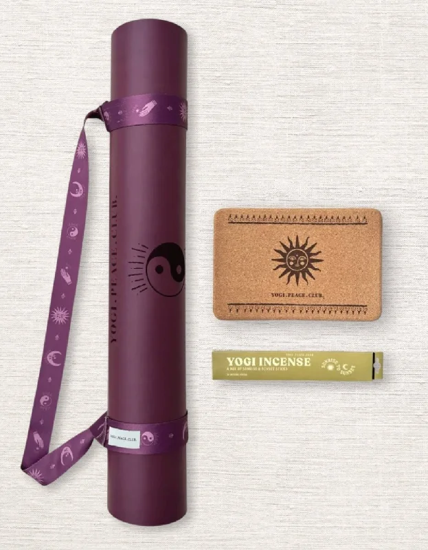 Year-End Deals 5 mm Yoga Pack - Deluxe Plum Yoga Mat + Block + Strap + Incense