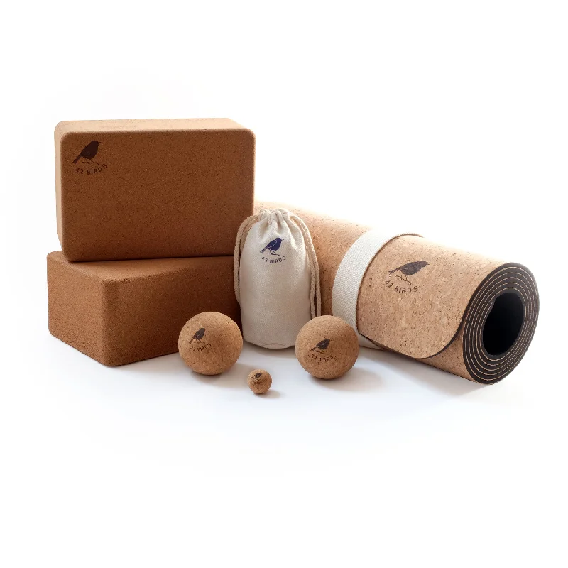 Weekend Discounts You Deserve Cork Lightweight Yoga Mat, Massage Balls and Yoga Block Bundle - "The Flock"