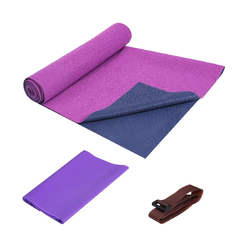 Year-End Deals FrenzyBird 1mm Travel Yoga Mat/Towel with Mat Bind and Elastic String - Purple